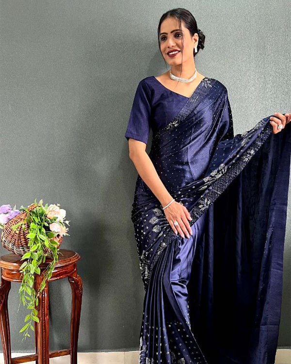 Neavy blue Color 1 - Minute Ready to Wear Satin Silk Saree with Unstitch Blouse Piece