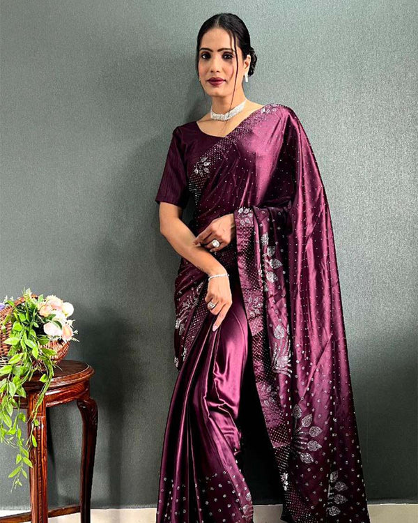 Purple Color 1 - Minute Ready to Wear Satin Silk Saree with Unstitch Blouse Piece