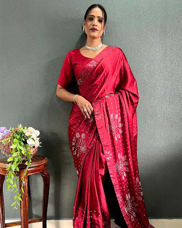 Red Color 1 - Minute Ready to Wear Satin Silk Saree with Unstitch Blouse Piece