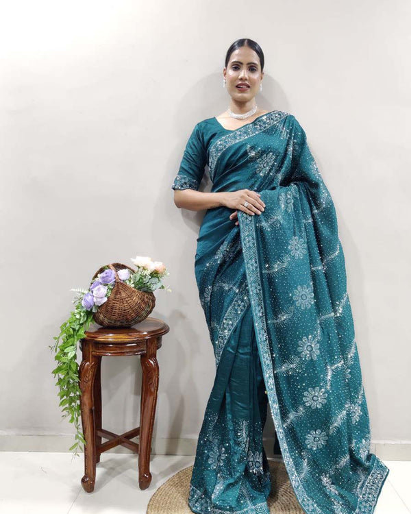 Blue Color 1 - Minute Ready to Wear Vichitra Silk Saree with Unstitch Blouse Piece