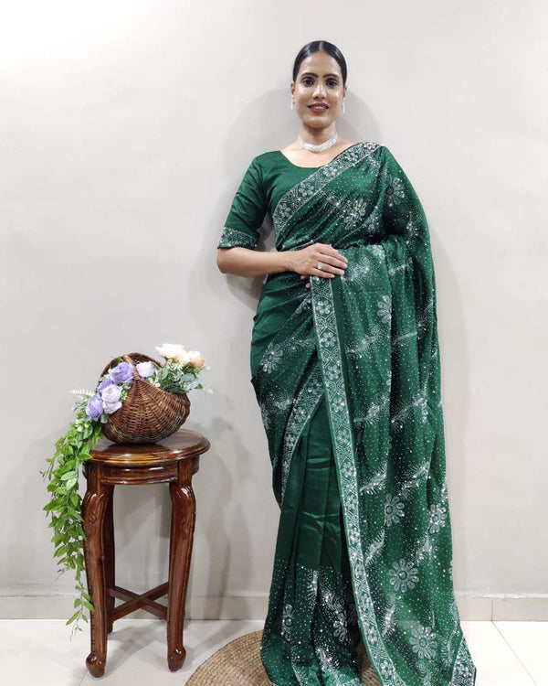 Green Color 1 - Minute Ready to Wear Vichitra Silk Saree with Unstitch Blouse Piece