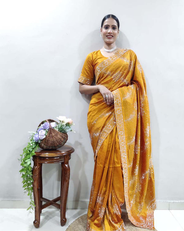 Masturd yellow Color 1 - Minute Ready to Wear Vichitra Silk Saree with Unstitch Blouse Piece