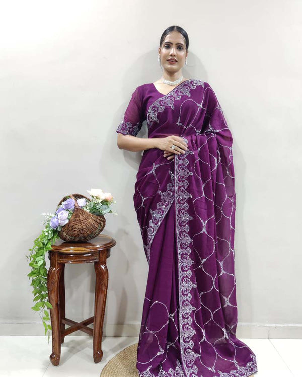 Purple Color 1 - Minute Ready to Wear Woven Chiffon Saree with Unstitch Blouse Piece