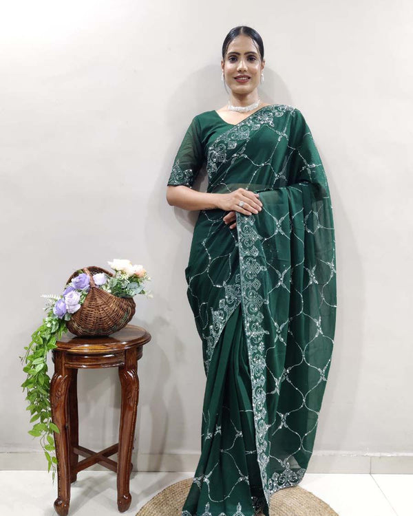 Green Color 1 - Minute Ready to Wear Woven Chiffon Saree with Unstitch Blouse Piece