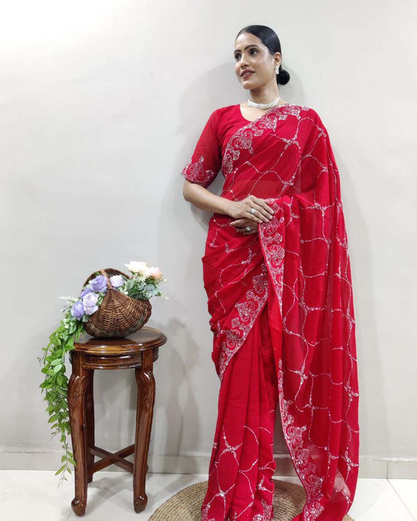 Pink Color 1 - Minute Ready to Wear Woven Chiffon Saree with Unstitch Blouse Piece