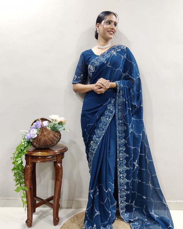 Blue Color 1 - Minute Ready to Wear Woven Chiffon Saree with Unstitch Blouse Piece