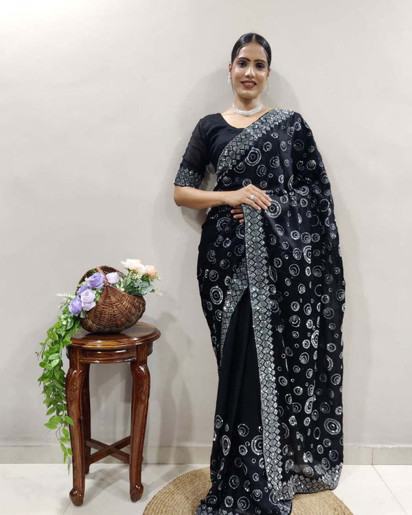 Black Color 1 - Minute Ready to Wear Chiffon Satin Saree with Unstitch Blouse Piece
