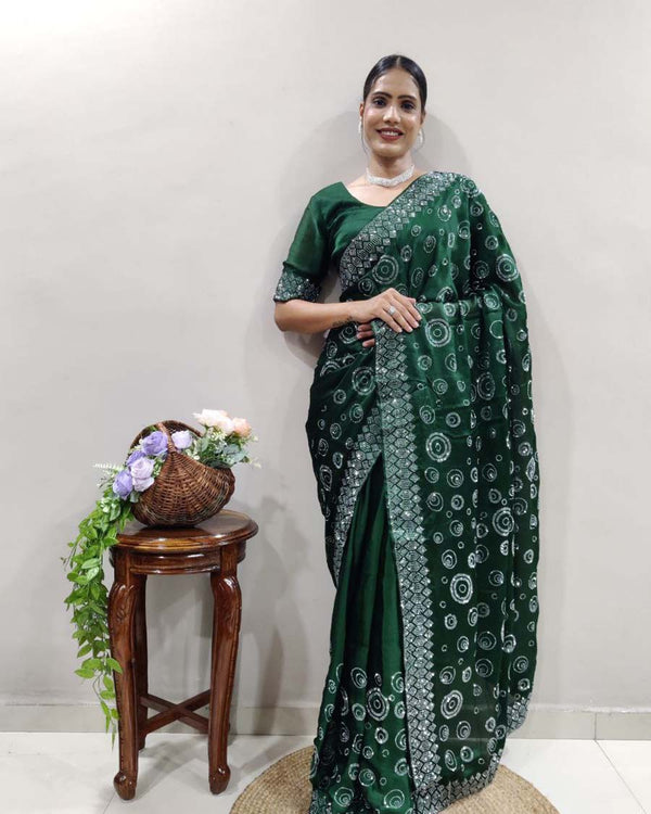 Green Color 1 - Minute Ready to Wear Chiffon Satin Saree with Unstitch Blouse Piece