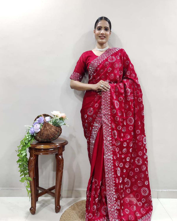 Pink Color 1 - Minute Ready to Wear Chiffon Satin Saree with Unstitch Blouse Piece