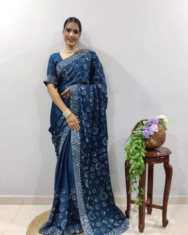 Bottle blue Color 1 - Minute Ready to Wear Chiffon Satin Saree with Unstitch Blouse Piece