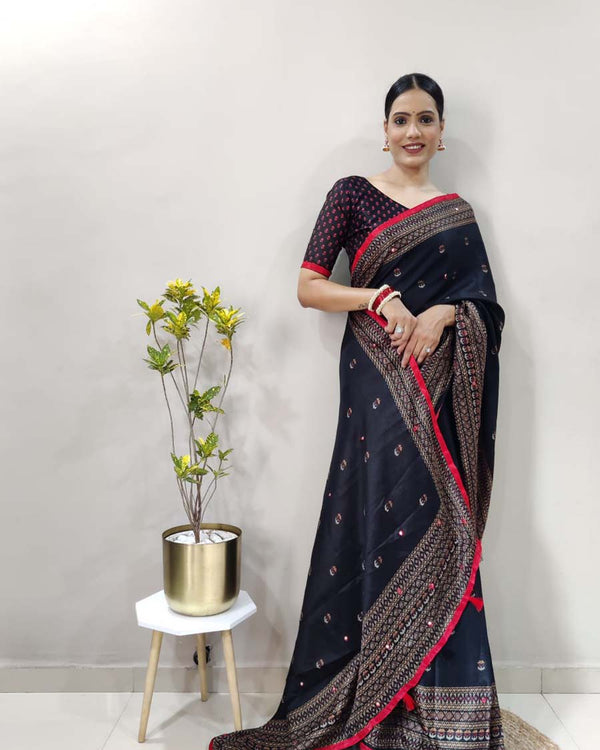 Black Color 1 - Minute Ready to Wear Jute Silk Linnen Saree with Unstitch Blouse Piece