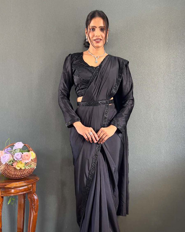 Black Color 1 - Minute Ready to Wear Natural Silk Saree with Fully Stitch Blouse (Free Size) Up to 44